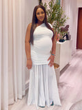 Momnfancy Mesh One Shoulder Ruched Side Slit Mermaid Maternity Maxi Dress