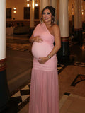 Momnfancy Mesh One Shoulder Ruched Side Slit Mermaid Maternity Maxi Dress