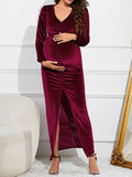 Momnfancy Elegant Front Slit Drawstring Ruffle Velvet Bodycon Party Maternity Babyshower Maxi Dress