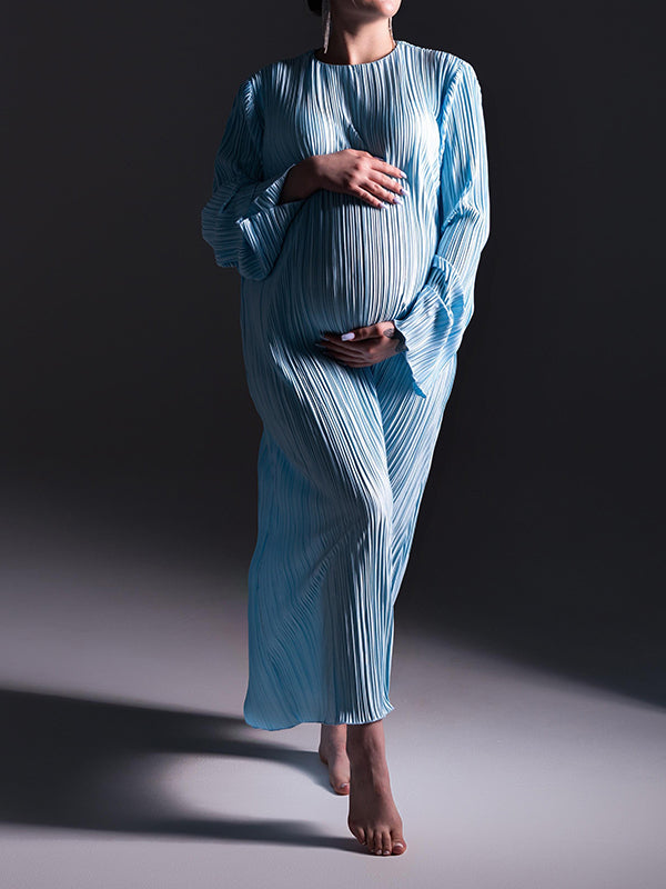 Momnfancy Elegant Sky Blue Ruffle Pleated Falbala Flowy Wavy Edge Babyshower Maternity Photoshoot Maxi Dress