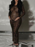 Momnfancy Chic Grey Rhinestones Sparkly Geometric Transparent Back Slit Bodycon Babyshower Maternity Photoshoot Maxi Dress