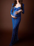 Momnfancy Elegant Blue Rhinestones Sparkly Striped Transparent Bodycon Floor Mopping Babyshower Maternity Photoshoot Maxi Dress