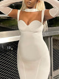 Momnfancy Elegant Beige Shoulder-Strap Bodycon Irregular Cutout Back Slit Babyshower Party Maternity Maxi Dress