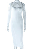 Momnfancy Elegant Beige Shoulder-Strap Bodycon Irregular Cutout Back Slit Babyshower Party Maternity Maxi Dress