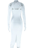 Momnfancy Elegant Beige Shoulder-Strap Bodycon Irregular Cutout Back Slit Babyshower Party Maternity Maxi Dress