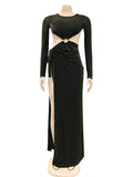 Momnfancy Elegant Side Slit Lace Up Cutout Bare Waist Backless Floor Mopping Babyshower Maternity Occasion Maxi Dress