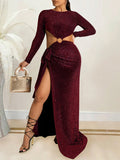 Momnfancy Elegant Side Slit Lace Up Cutout Bare Waist Backless Floor Mopping Babyshower Maternity Occasion Maxi Dress