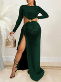 Momnfancy Elegant Side Slit Lace Up Cutout Bare Waist Backless Floor Mopping Babyshower Maternity Occasion Maxi Dress