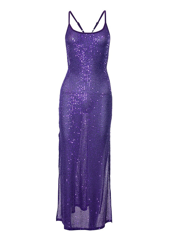 Momnfancy Elegant Purple Slits On Both Sides Sequin Sparkly Occasion Maternity Photoshoot Maxi Dress
