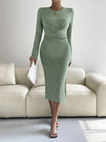 Momnfancy Light Green Elegant Side Slit Sashes Ruffle Bodycon Daily Maternity Babyshower Maxi Dress