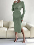 Momnfancy Light Green Elegant Side Slit Sashes Ruffle Bodycon Daily Maternity Babyshower Maxi Dress