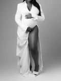 Momnfancy White Elegant Thigh High Side Slits Cascading Ruffle Babyshower Maternity Photoshoot Maxi Dress