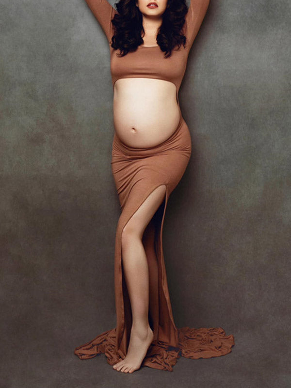 Momnfancy Elegant Cutout Open Belly Side Slit Floor Mopping Backless Maternity Photoshoot Maxi Dress