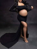 Momnfancy Elegant Cutout Open Belly Side Slit Floor Mopping Backless Maternity Photoshoot Maxi Dress