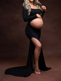 Momnfancy Elegant Cutout Open Belly Side Slit Floor Mopping Backless Maternity Photoshoot Maxi Dress