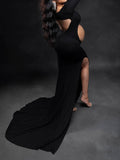 Momnfancy Elegant Cutout Open Belly Side Slit Floor Mopping Backless Maternity Photoshoot Maxi Dress