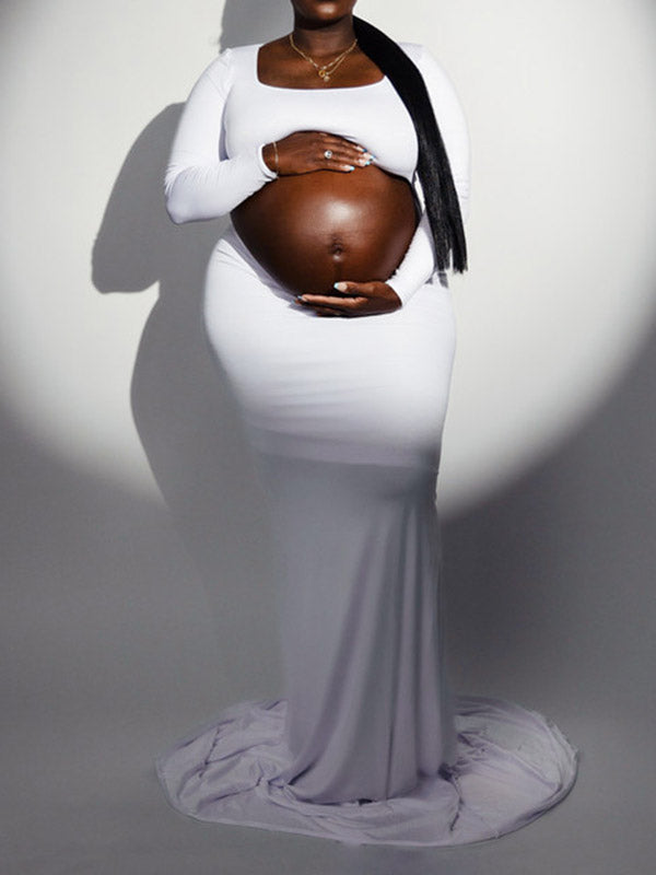 Momnfancy Elegant Cutout Open Belly Side Slit Floor Mopping Backless Maternity Photoshoot Maxi Dress