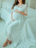 Momnfancy Elegant White Lace Falbala Flowy Big Swing Bowknot Maternity Photoshoot Maxi Dress