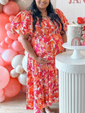 Momnfancy Elegant Red Floral Big Swing Flowy Falbala Patchwork Puff Sleeve Vacation Maternity Babyshower Maxi Dress