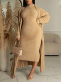 Momnfancy Elegant Khaki Bodycon Belt Fluffy Flowy Daily 2-in-1 Cardigans Maternity Maxi Dress