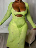 Momnfancy Chic Green Crochet Cutout Open Belly Distressed Bodycon 2-in-1 Party Maternity Maxi Dress
