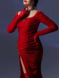Momnfancy Elegant Red Velvet Bodycon Ruffle Side Slit Floor Mopping Maternity Occasion Maxi Dress