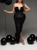 Momnfancy Elegant Black Thigh High Side Slits Sequin Sparkly Feather Maternity Photoshoot Maxi Dress