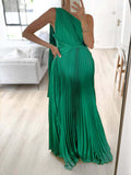 Momnfancy Elegant Green Pleated Side Draped Irregular Oblique Shoulder Maternity Occasion Maxi Dress