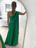 Momnfancy Elegant Green Pleated Side Draped Irregular Oblique Shoulder Maternity Occasion Maxi Dress