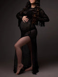 Momnfancy Chic Elegant Crochet Cutout Thigh High Side Slits Tassel Beach Maternity Photoshoot Maxi Dress
