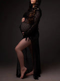 Momnfancy Chic Elegant Crochet Cutout Thigh High Side Slits Tassel Beach Maternity Photoshoot Maxi Dress