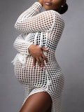 Momnfancy Chic Elegant Crochet Cutout Thigh High Side Slits Tassel Beach Maternity Photoshoot Maxi Dress