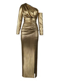 Momnfancy Elegant Golden Oblique Shoulder Ruffle Side Slit Floor Mopping Maternity Occasion Maxi Dress
