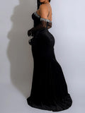 Momnfancy Elegant Black Cutout Rhinestones Sparkly Side Slit Floor Mopping Velvet Maternity Occasion Maxi Dress