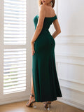 Momnfancy Elegant Dark Green Side Slit Ruffle Irregular Oblique Shoulder Photoshoot Maternity Occasion Maxi Dress