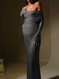 Momnfancy Elegant Grey Sequin Sparkly Off Shoulder Bodycon Bell Sleeve Photoshoot Maternity Occasion Maxi Dress
