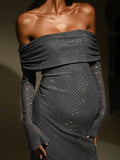 Momnfancy Elegant Grey Sequin Sparkly Off Shoulder Bodycon Bell Sleeve Photoshoot Maternity Occasion Maxi Dress