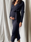 Momnfancy Elegant Black Sashes Belt Double Slit Backless Bodycon Daily Basic Maternity Maxi Dress