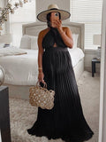 Momnfancy Black Pleated Cutout Backless Halter Neck Flowy Bohemian Baeach Daily Maternity Maxi Dress