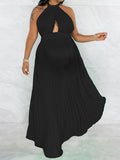 Momnfancy Black Pleated Cutout Backless Halter Neck Flowy Bohemian Baeach Daily Maternity Maxi Dress