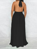 Momnfancy Black Pleated Cutout Backless Halter Neck Flowy Bohemian Baeach Daily Maternity Maxi Dress