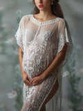 Momnfancy White Lace Double Slit Transparent Flowy Floral Photoshoot Baeach Cover-Ups Maternity Maxi Dress