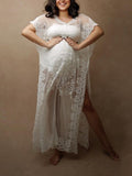 Momnfancy White Lace Double Slit Transparent Flowy Floral Photoshoot Baeach Cover-Ups Maternity Maxi Dress