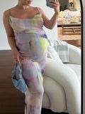 Momnfancy Light Purple Tie Dye Gradient Color Bodycon Backless Spaghetti Strap Vacation Party Maternity Maxi Dress