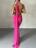 Momnfancy Rose Carmine Backless Ruffle Lace Up Side Draped Bodycon Halter Neck Photoshoot Babyshower Maternity Maxi Dress