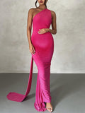 Momnfancy Rose Carmine Backless Ruffle Lace Up Side Draped Bodycon Halter Neck Photoshoot Babyshower Maternity Maxi Dress