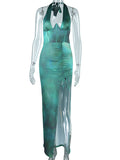 Momnfancy Green Thigh High Side Slits Drawstring Backless Halter Neck Tie Dye Gradient Color Party Maternity Maxi Dress