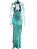 Momnfancy Green Thigh High Side Slits Drawstring Backless Halter Neck Tie Dye Gradient Color Party Maternity Maxi Dress
