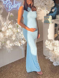 Momnfancy Light Blue Backless Spaghetti Strap Tie Back Irregular Oblique Shoulder Ruffle Bodycon Babyshower Party Maternity Maxi Dress