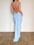 Momnfancy Light Blue Backless Spaghetti Strap Tie Back Irregular Oblique Shoulder Ruffle Bodycon Babyshower Party Maternity Maxi Dress